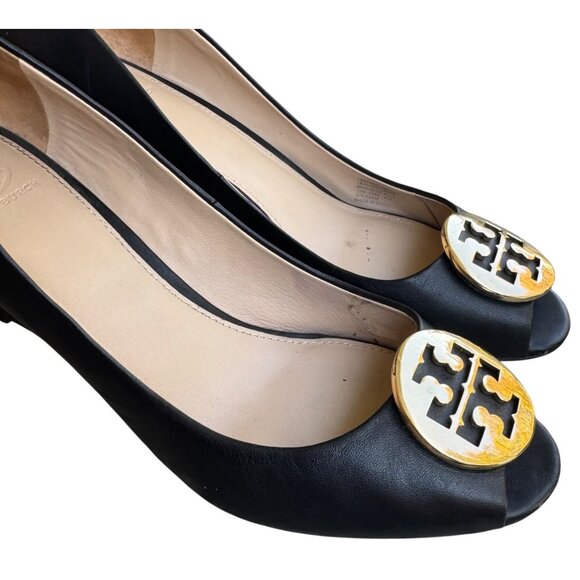 Tory Burch Black Leather Wedge Peep Toe Pumps With Gold Logo Size 10M - Picture 5 of 11